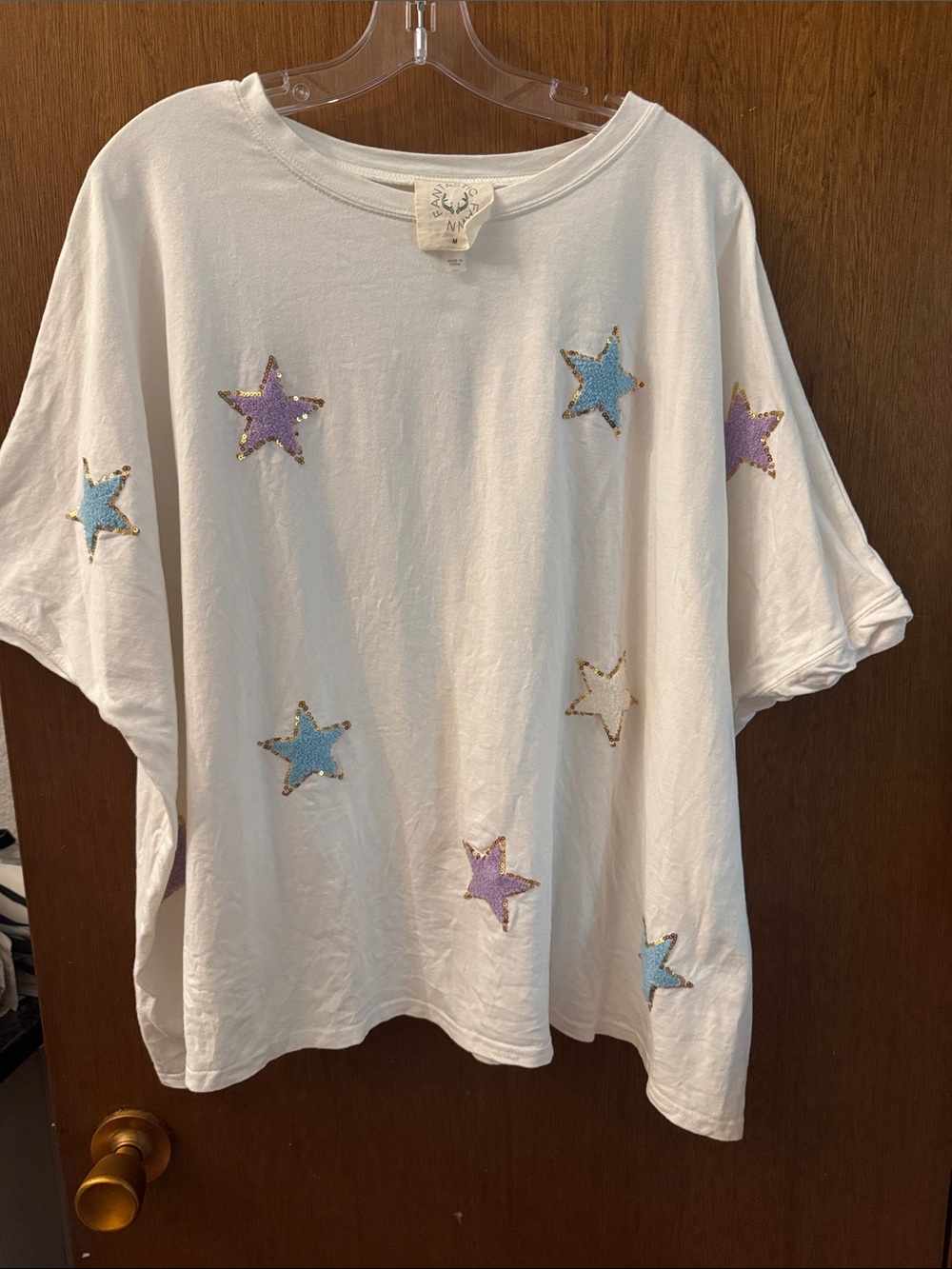 Fantastic Fawn White Tee with Blue, Purple & Gold Sequin Stars